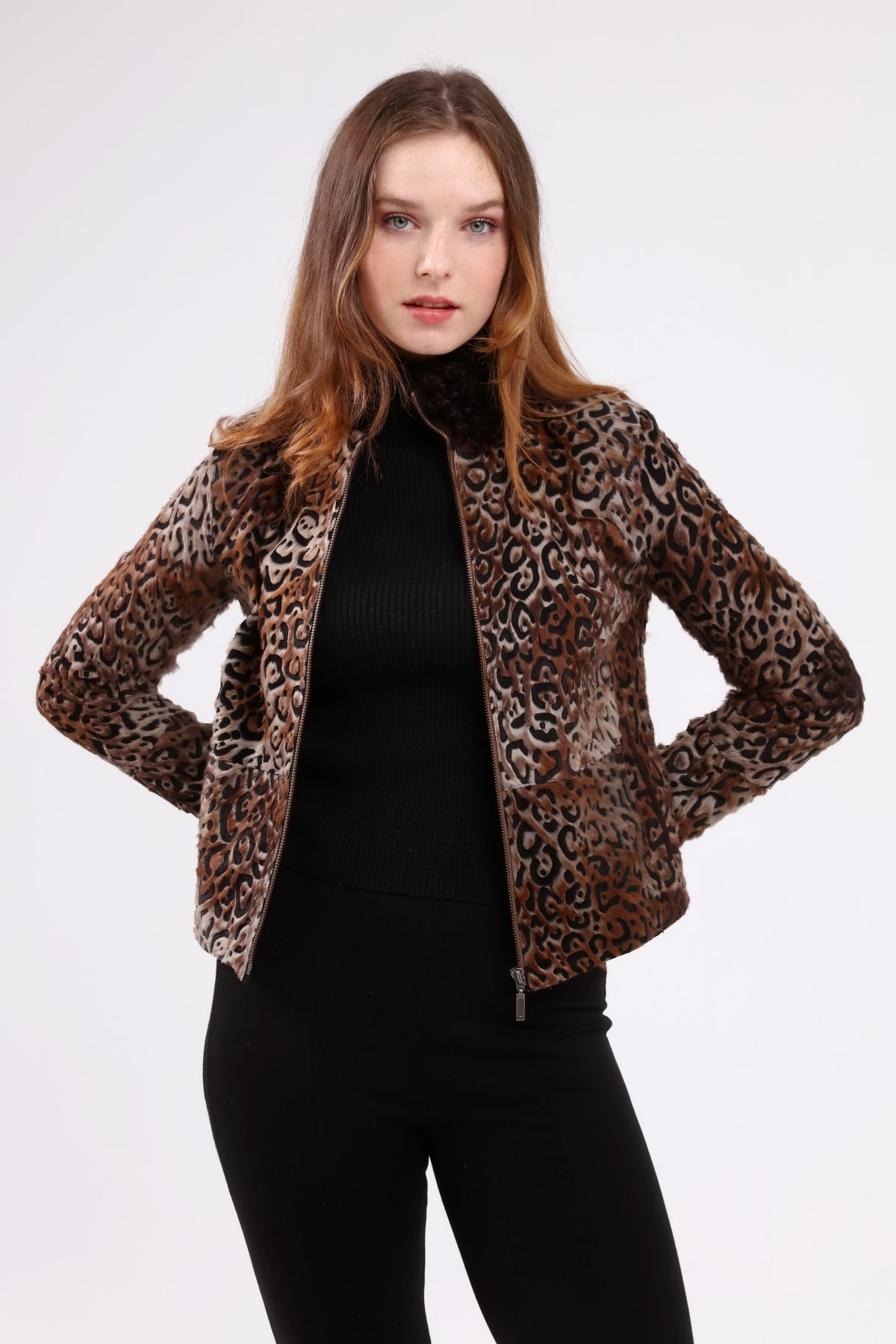 Kahverengi Kadın Leopar Desenli Deri Ceket - LEATINN LEATHER WEAR