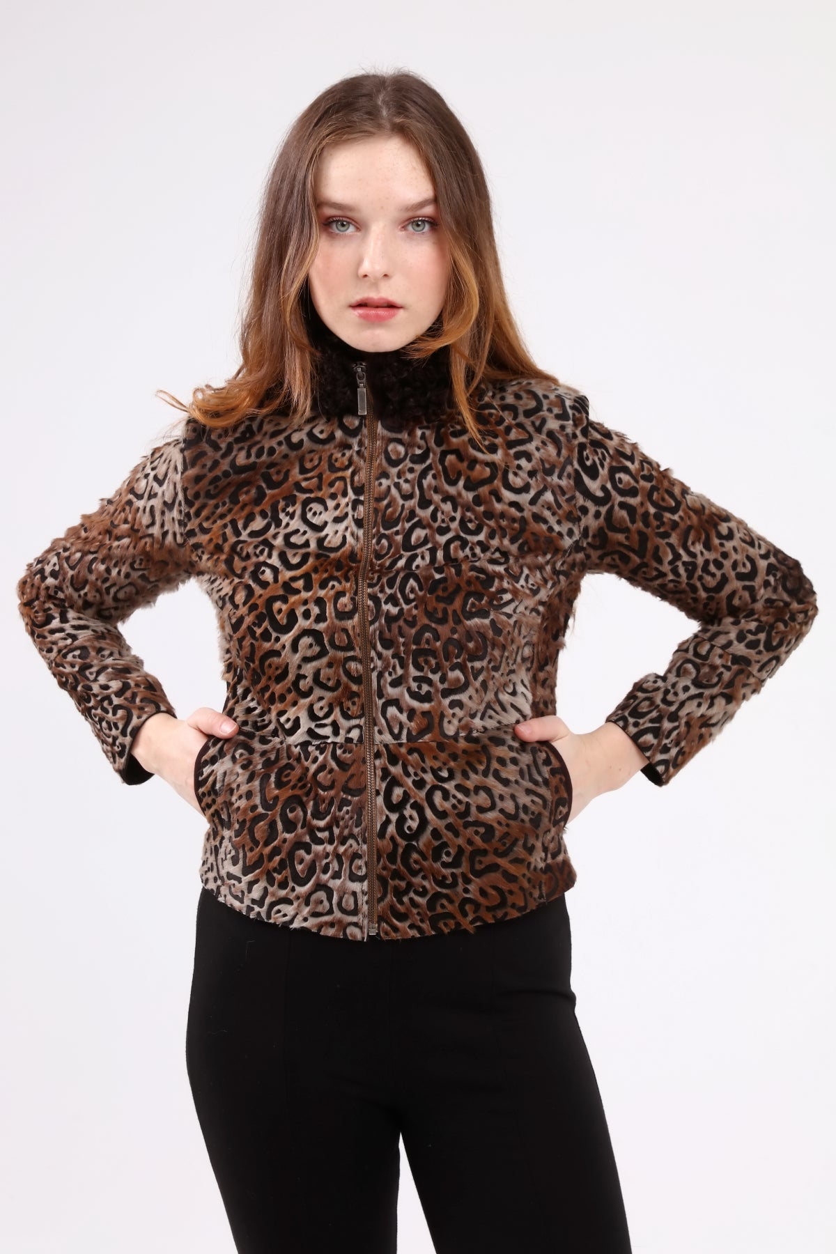 Kahverengi Kadın Leopar Desenli Deri Ceket - LEATINN LEATHER WEAR
