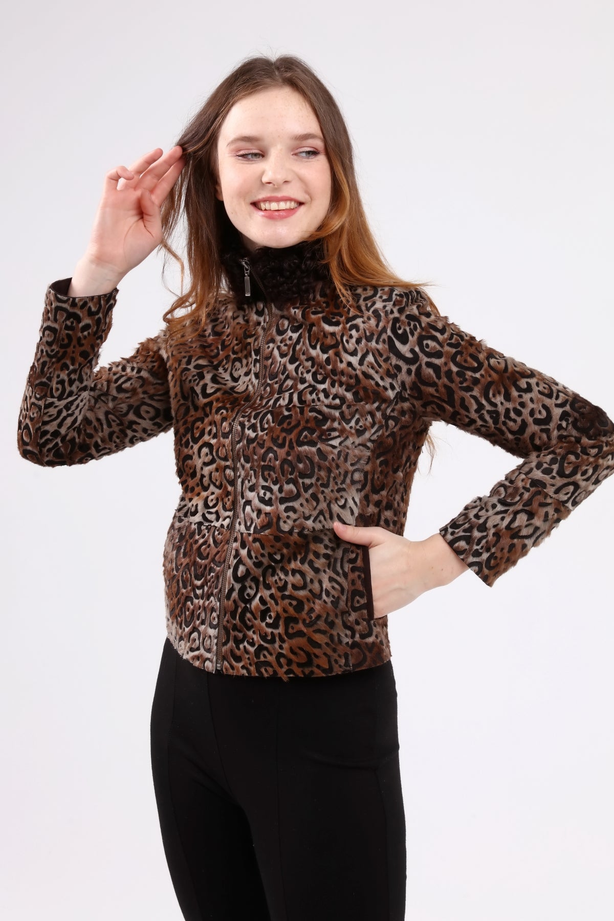 Kahverengi Kadın Leopar Desenli Deri Ceket - LEATINN LEATHER WEAR
