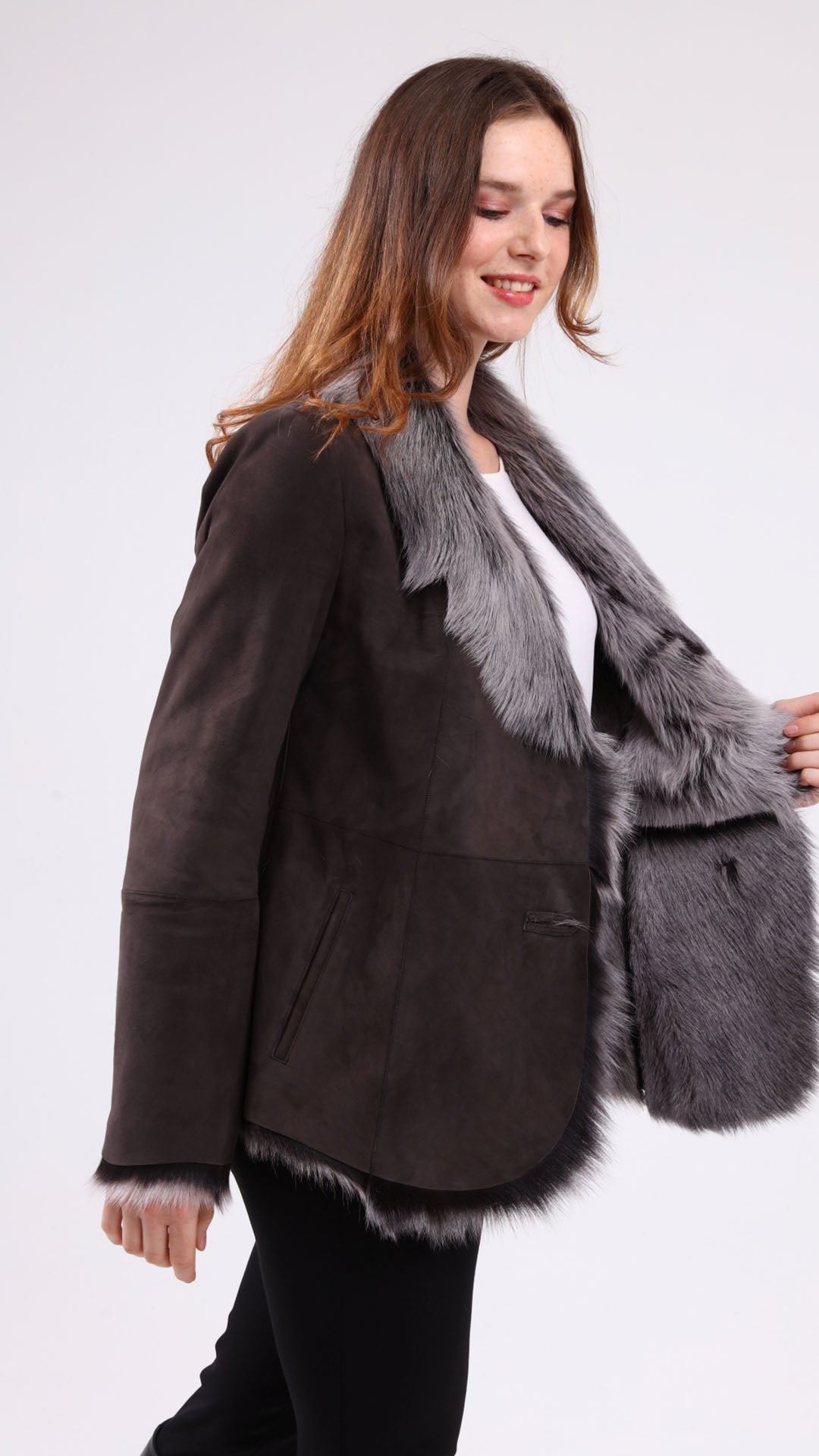 Gri Kadın Süet Deri Kaban - LEATINN LEATHER WEAR