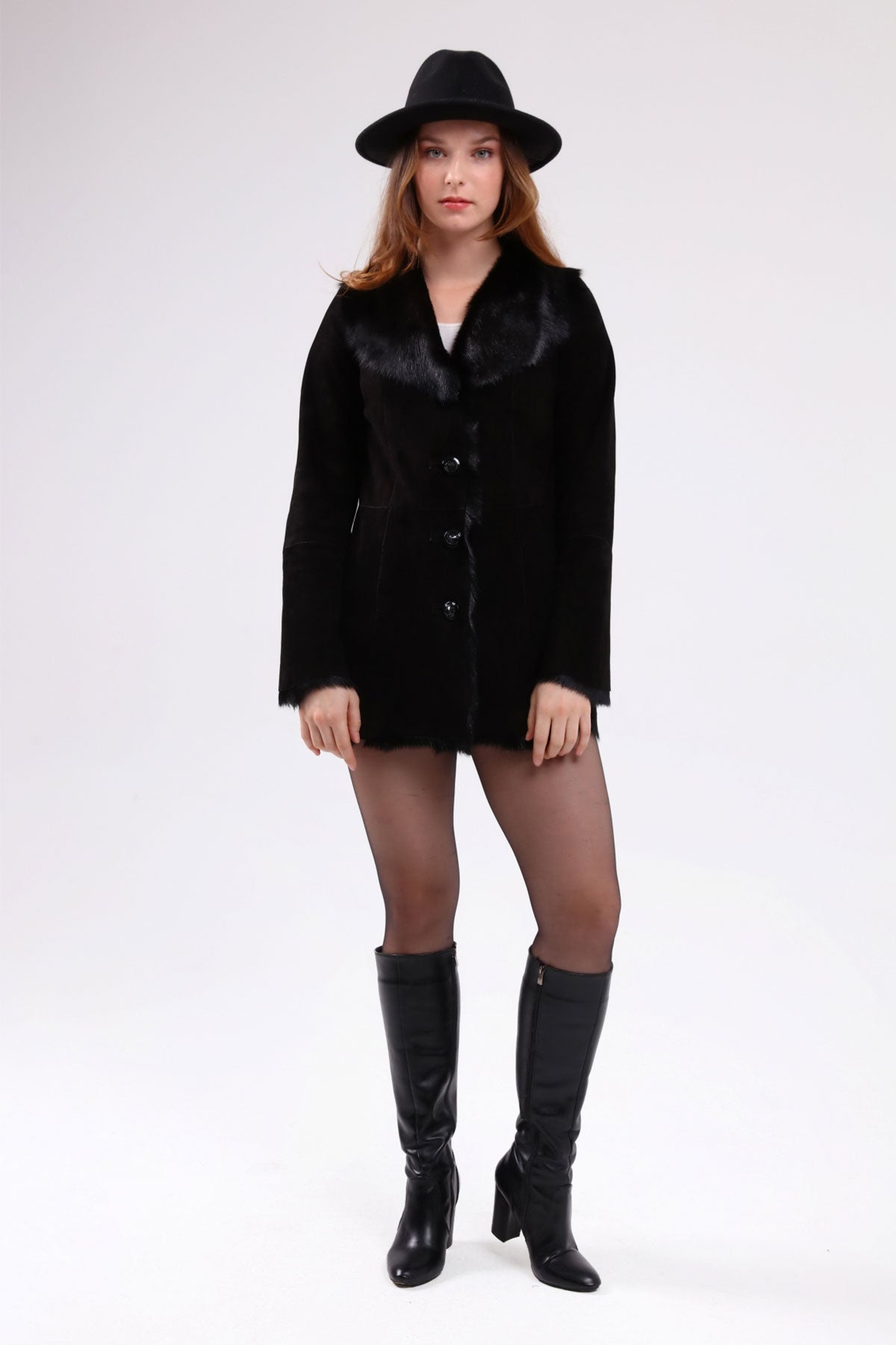 Siyah Kadın Süet Deri Kaban - LEATINN LEATHER WEAR