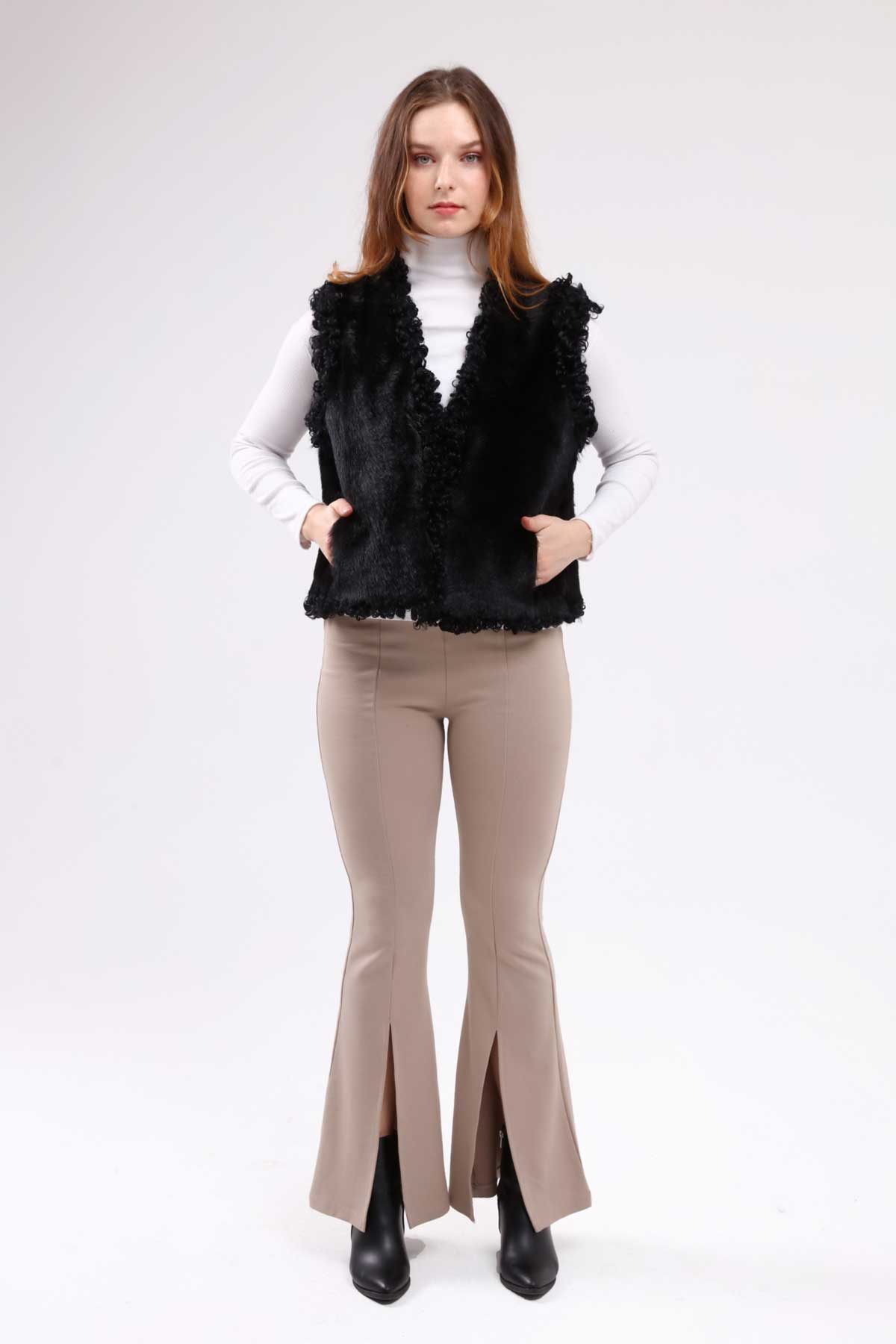 Siyah Kadın Angora Deri Yelek - LEATINN LEATHER WEAR