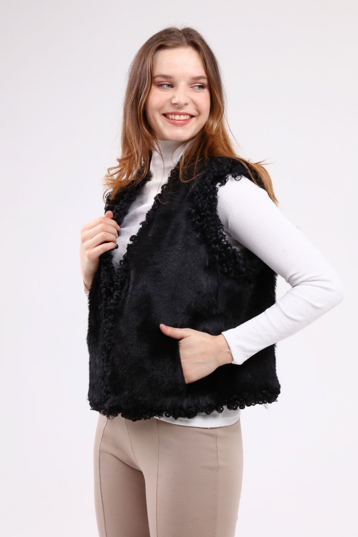 Siyah Kadın Angora Deri Yelek - LEATINN LEATHER WEAR