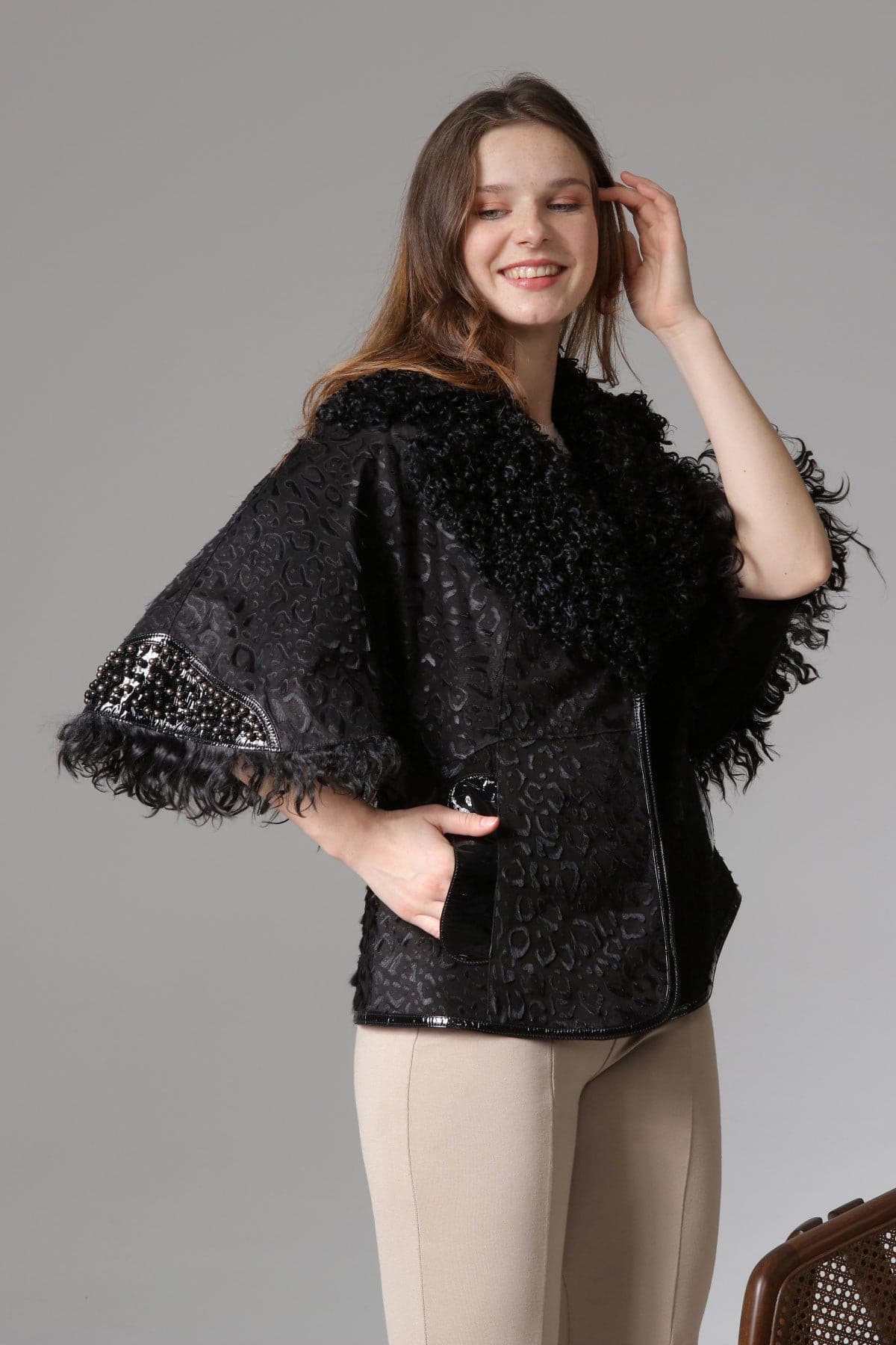 Siyah Kadın Leopar Desenli Deri Ceket - LEATINN LEATHER WEAR
