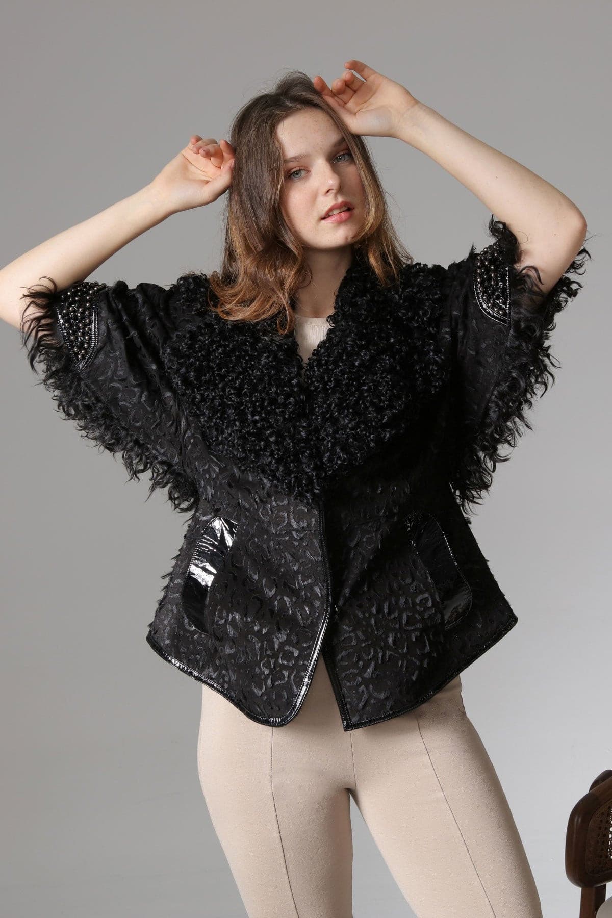 Siyah Kadın Leopar Desenli Deri Ceket - LEATINN LEATHER WEAR