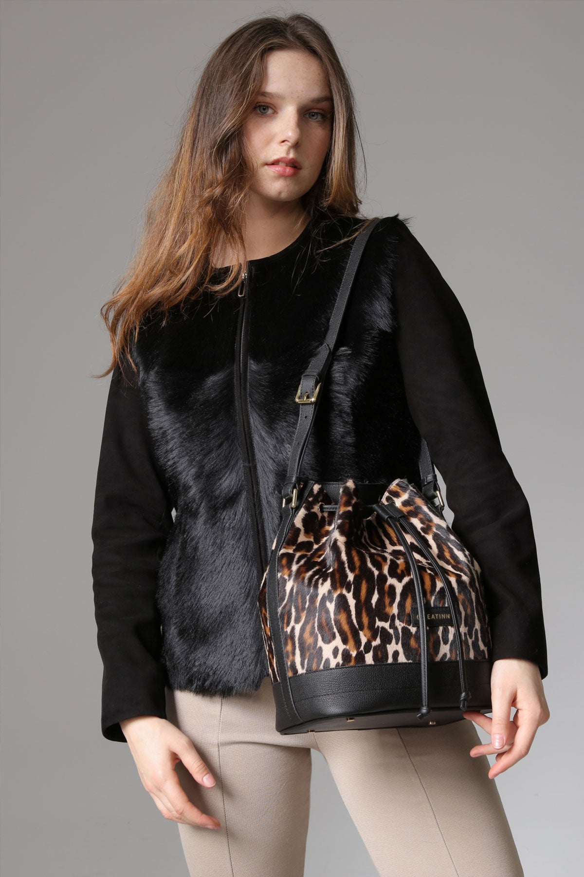 Siyah Kadın Leopar Baskılı Torba Deri Çanta - LEATINN LEATHER WEAR