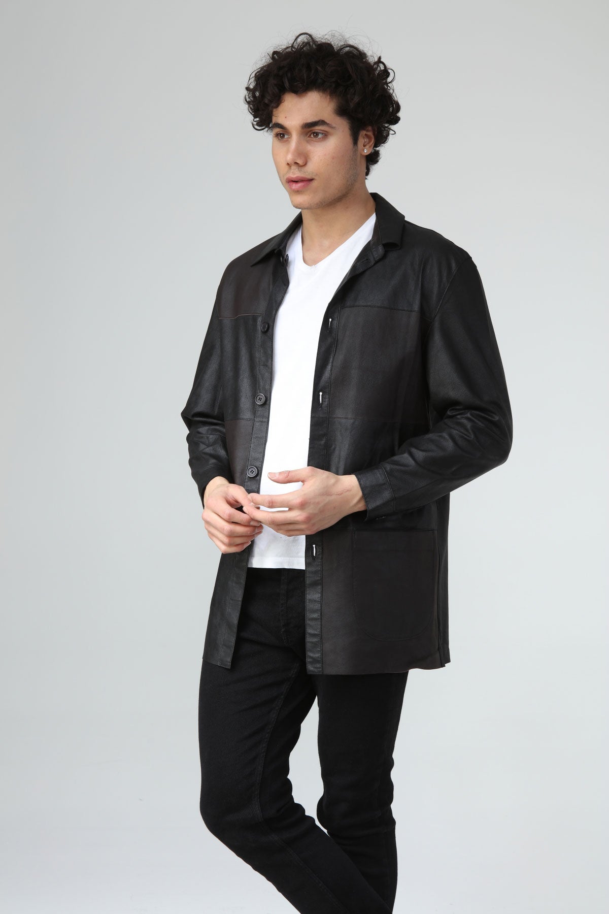 Siyah Erkek Düğmeli Deri Gömlek - LEATINN LEATHER WEAR