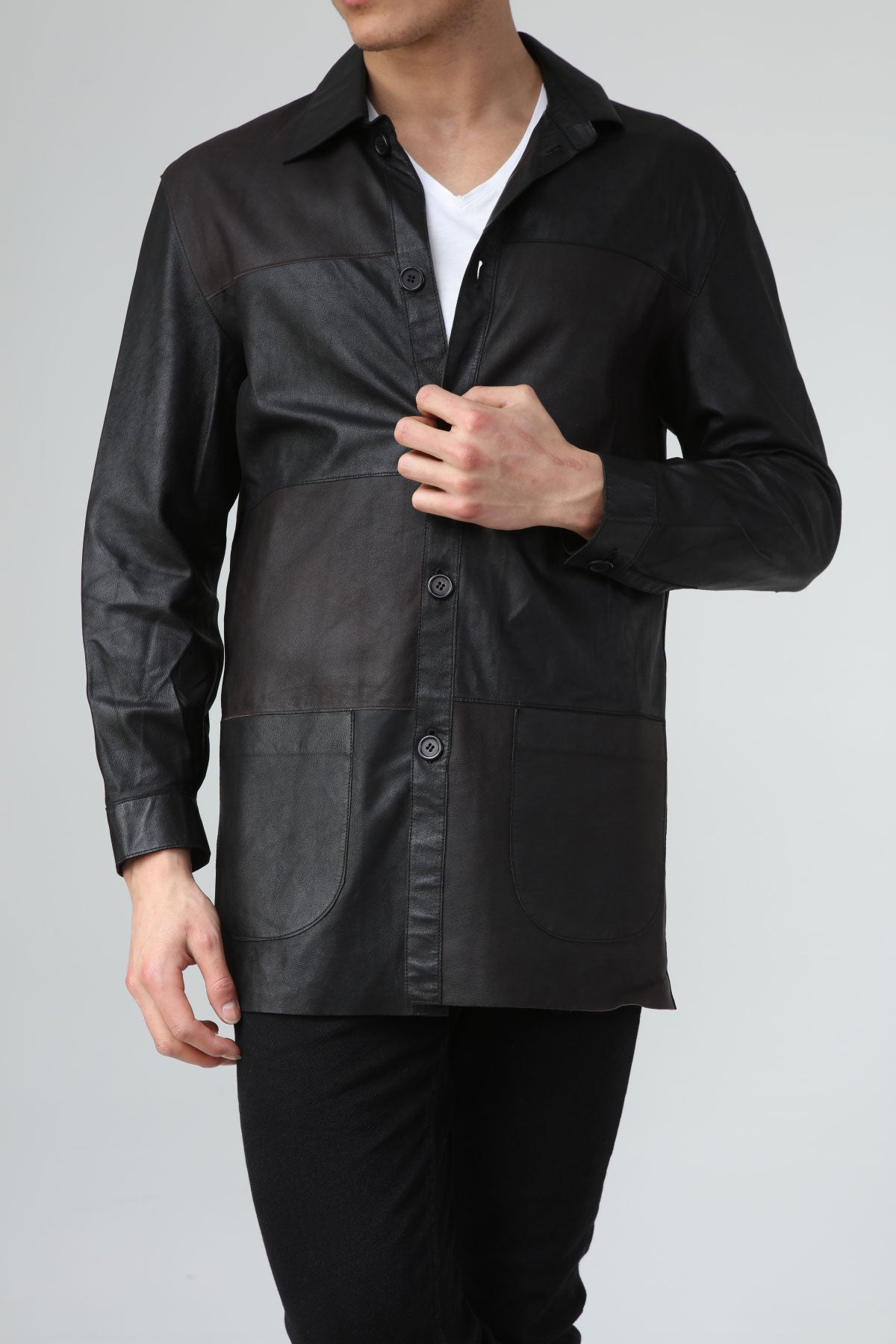 Siyah Erkek Düğmeli Deri Gömlek - LEATINN LEATHER WEAR