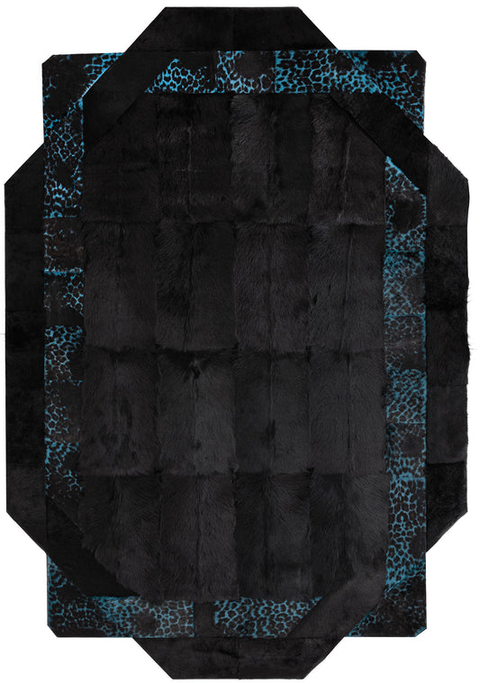 Türkisfarbener Lederteppich mit Leopardenmuster und schwarzem Leder