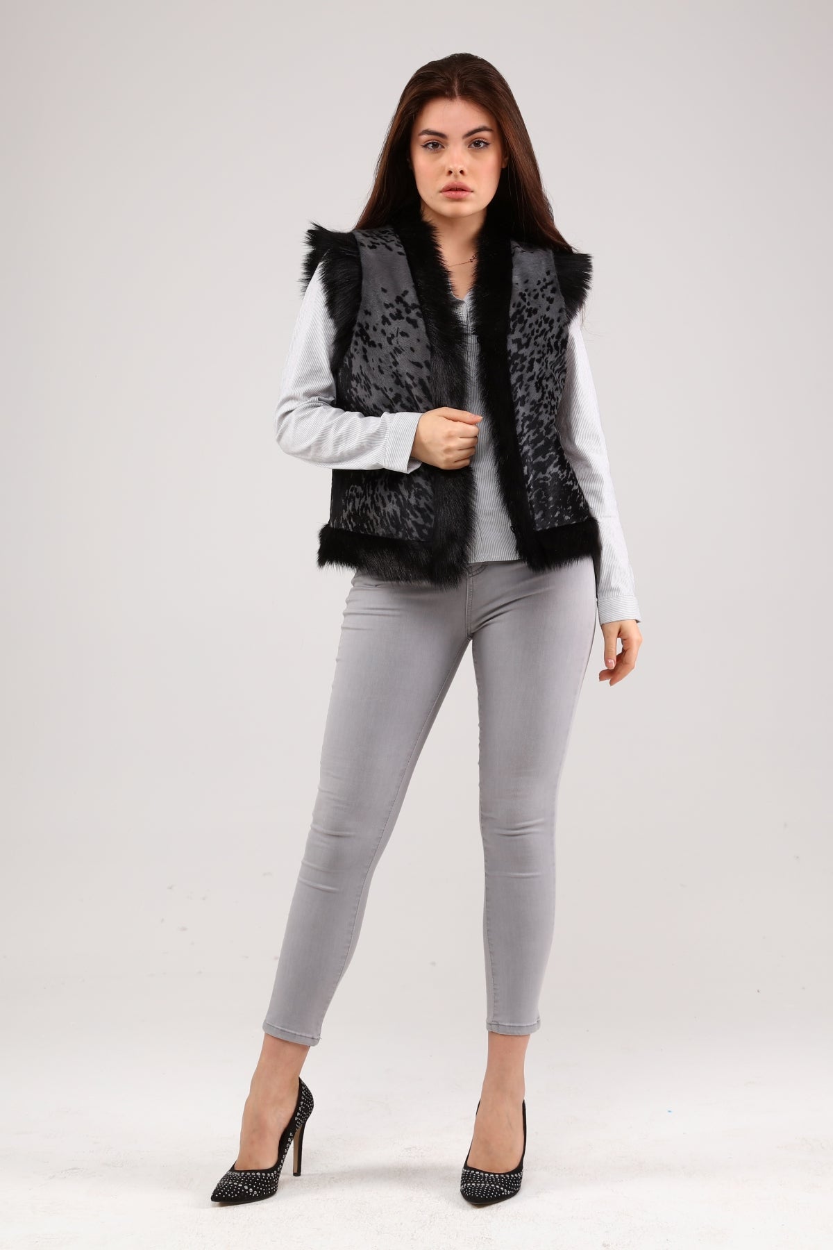 Gray Women's Patterned Leather Vest