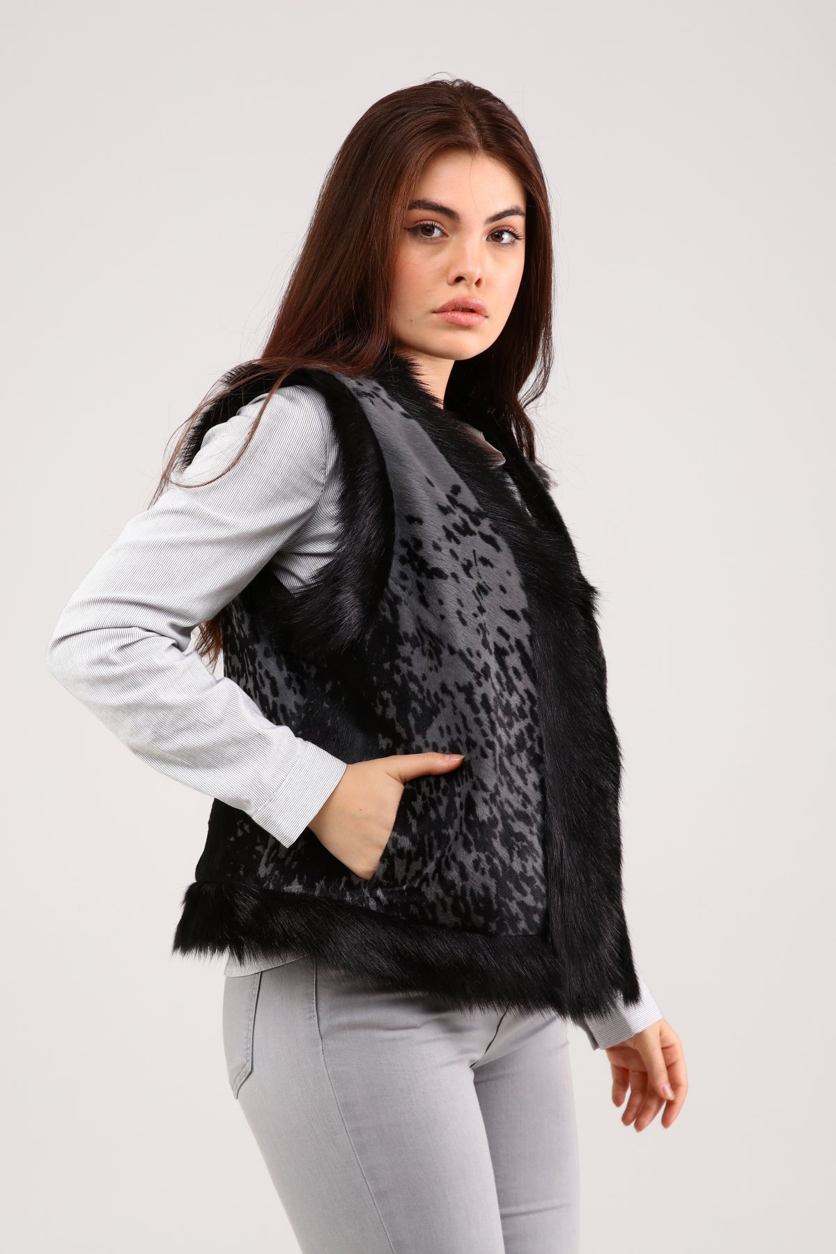Gray Women's Patterned Leather Vest