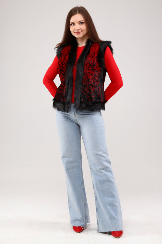 Red Women's Patterned Leather Vest